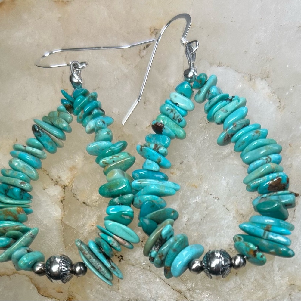 Native American Blue/Green Maanshan Turquoise & Sterling Silver 2” Earrings